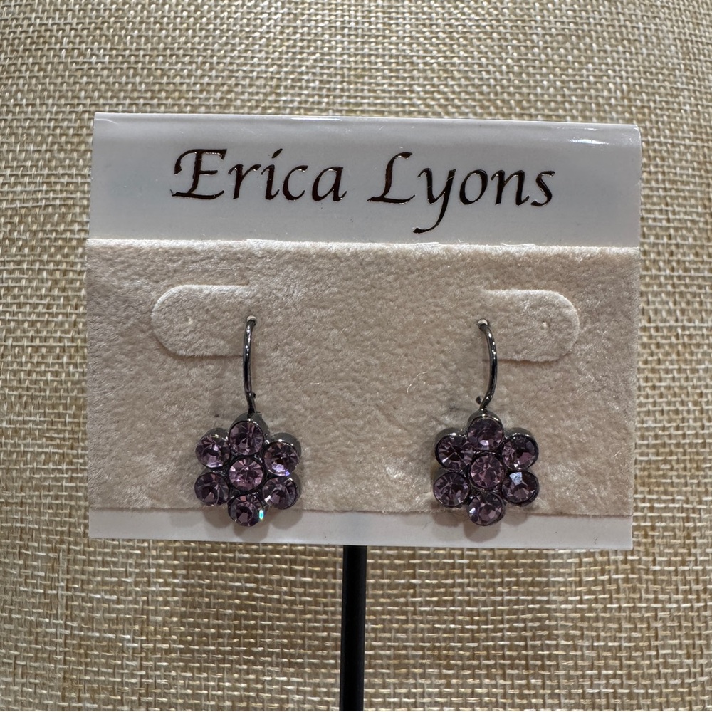 Erica Lyons Purple Pink Dangle Earrings with Floral Design